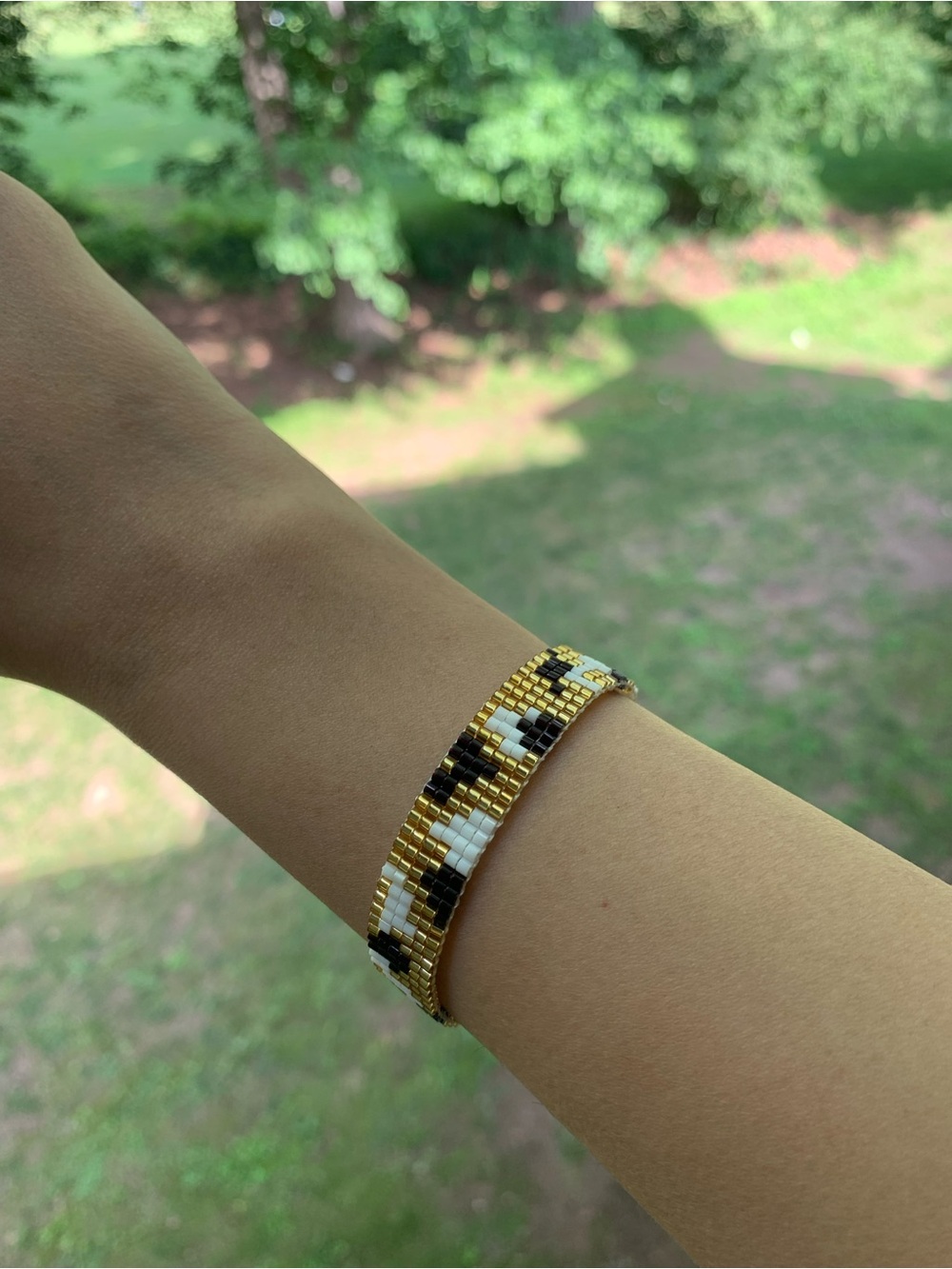 Gold, White & Black Beaded Women's Bracelet - Elegant Seed Bead Cuff